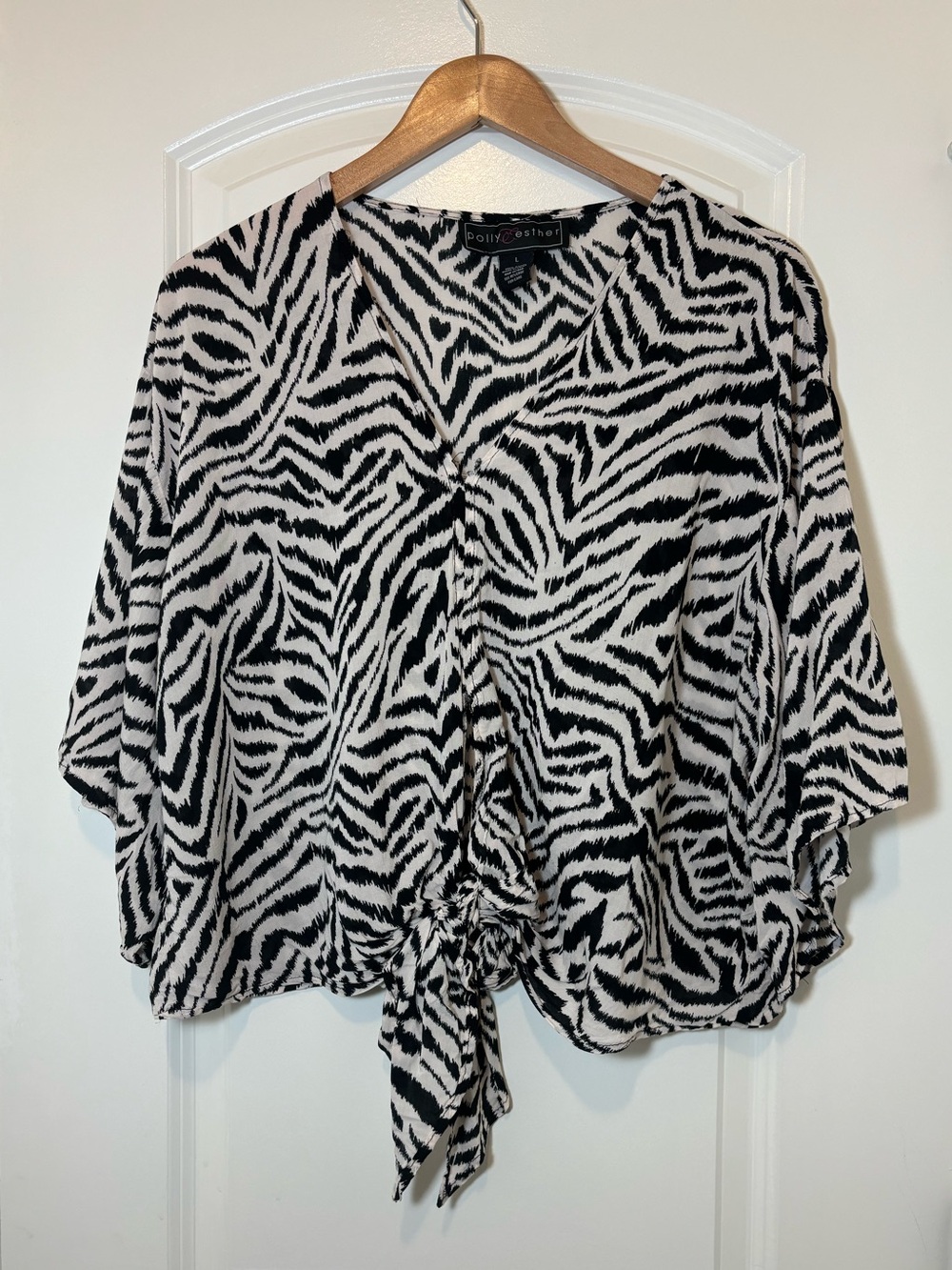 Polly & Esther Zebra Print Tie-Front V-Neck Blouse in Black and White